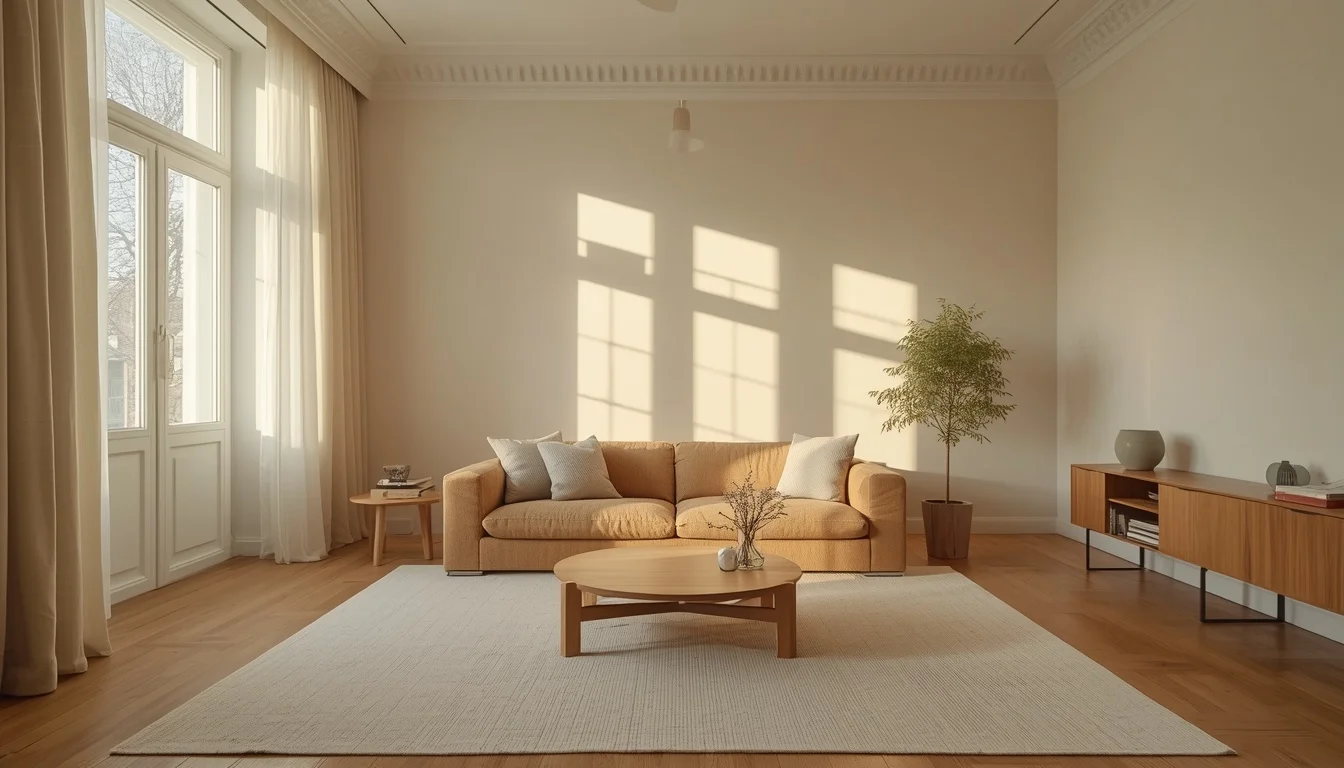 A soft minimalist living room with warm afternoon light and a bouclé sofa.